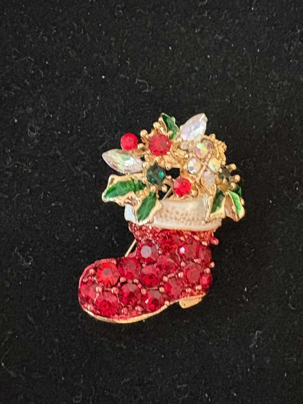 Red Rhinestone Christmas Stocking Brooch Holiday Pin